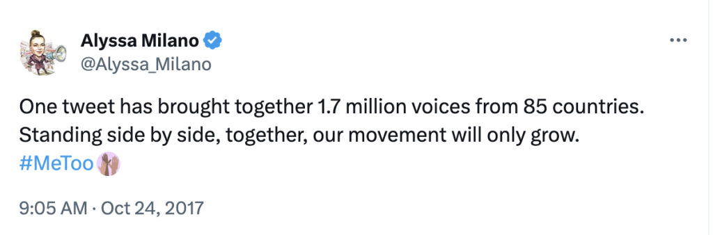 Screenshot of Alyssa Milano's tweet "One tweet has brought together 1.7 million voices from 85 countries.